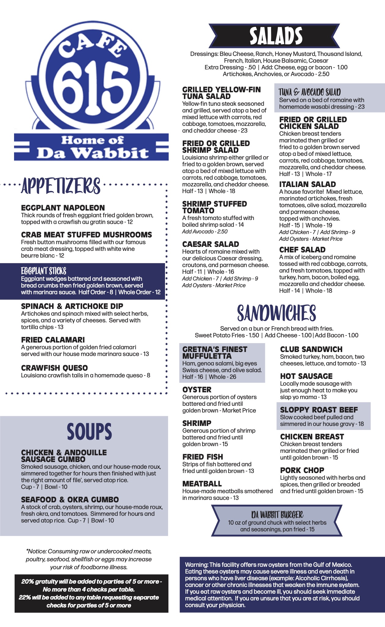 Menu Cafe 615 Gretna, LA